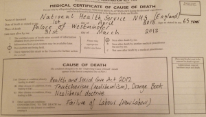 The death certificate of the NHS, issued by the National Health Action Party
